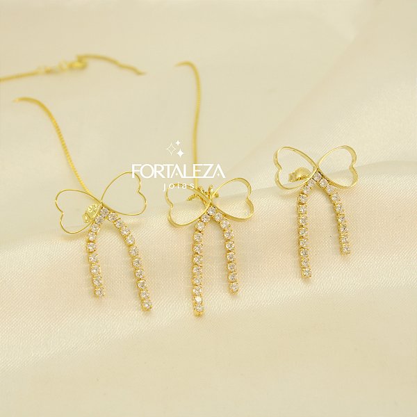 Conjunto com Corações e Fio de Zircônia Banhado a Ouro 18k