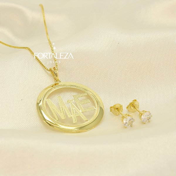 Conjunto Escrito Mãe e Ponto de Luz Banhado a Ouro 18k