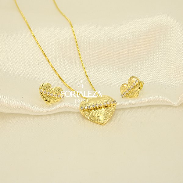 Conjunto Coração com Detalhes em Zircônia Banhado a Ouro 18k
