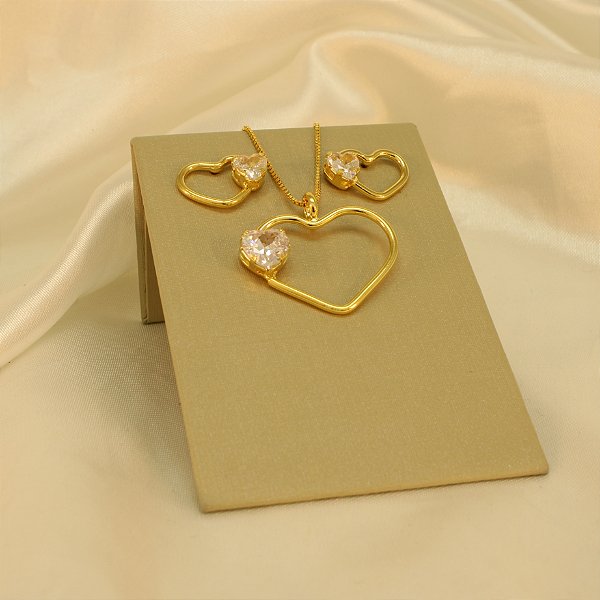 Conjunto Coração com Detalhe em Zircônia Banhado a Ouro 18k