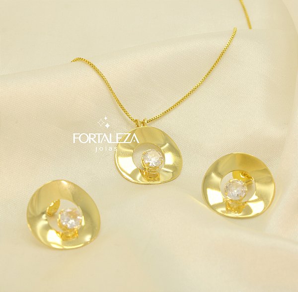 Conjunto Vazado com Detalhe em Zircônia Banhado a Ouro 18k