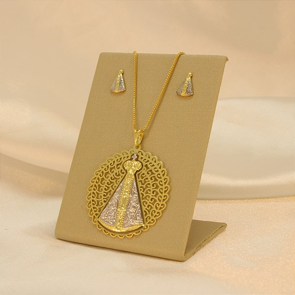 Conjunto Nossa Senhora Aparecida Banhado a Ouro 18k e Ródio