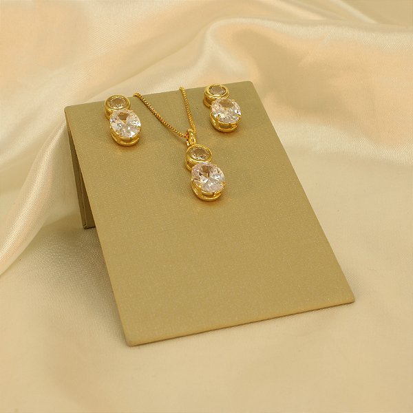 Conjunto Cravejado em Zircônia Cristal Banhado a Ouro 18k