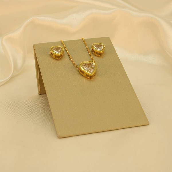 Conjunto de Coração com Zircônia Cristal Banhado a Ouro 18k