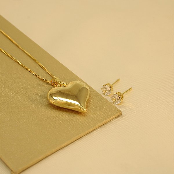 Conjunto de Coração com Zircônia Cristal Banhado a Ouro 18k