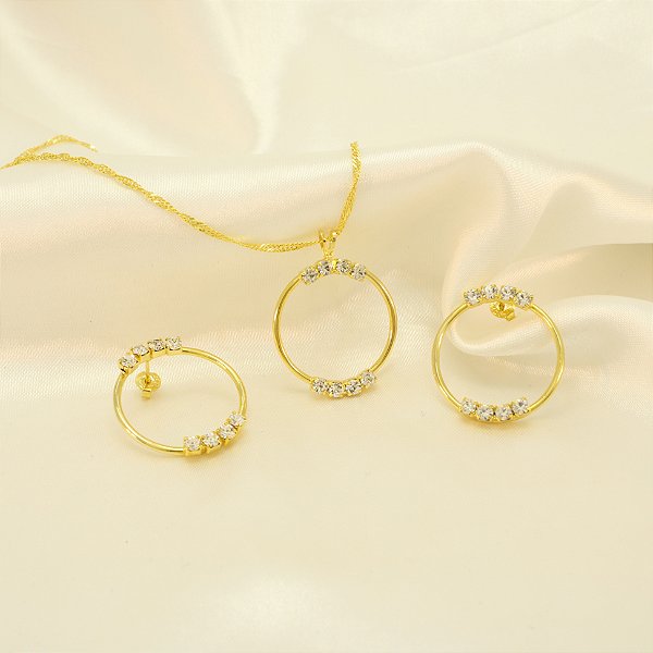 Conjunto Redondo com Zircônia Cristal Banhado a Ouro 18k