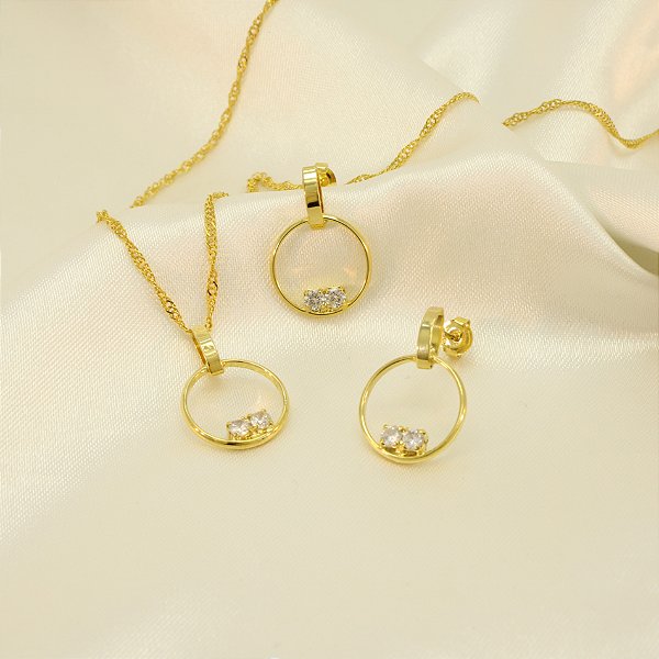 Conjunto Vazado com Detalhe em Zircônia Banhado a Ouro 18k