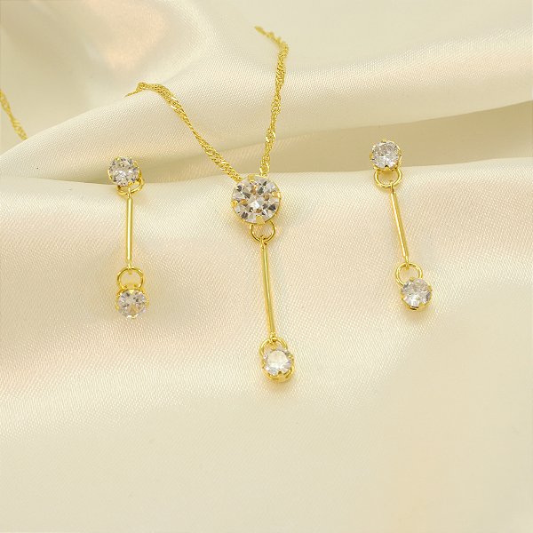 Conjunto com Zircônia Cristal Banhado a Ouro 18k