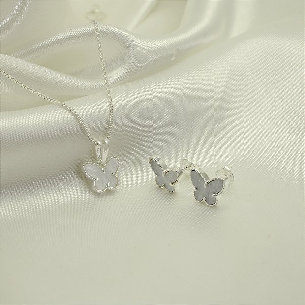 Conjunto de Borboleta com Detalhe em Resina Banhado a Prata