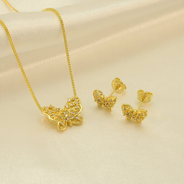 Conjunto Borboleta Cravejado em Zircônia Banhado a Ouro 18k