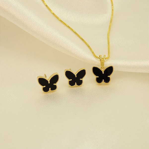 Conjunto de Borboleta com Resina Banhado a Ouro 18k