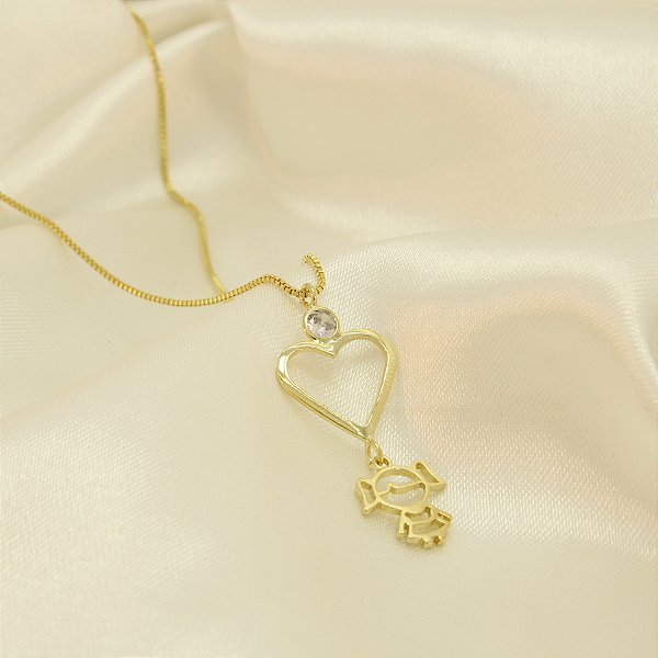 Gargantilha Menina e Coração com Zircônia Banhado a Ouro 18k