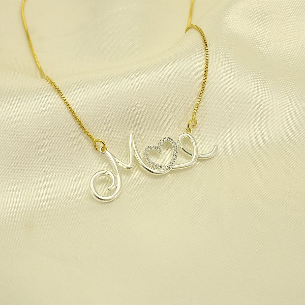 Gargantilha Escrito Mãe e Coração Banhado a Prata e Ouro 18k