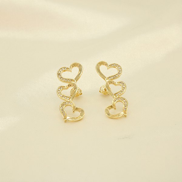 Brinco Corações com Detalhe em Zircônia Banhado a Ouro 18k