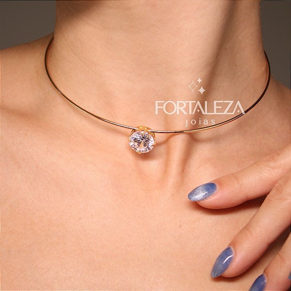 Choker de Aro Liso com Zircônia Cristal Banhado a Ouro 18k