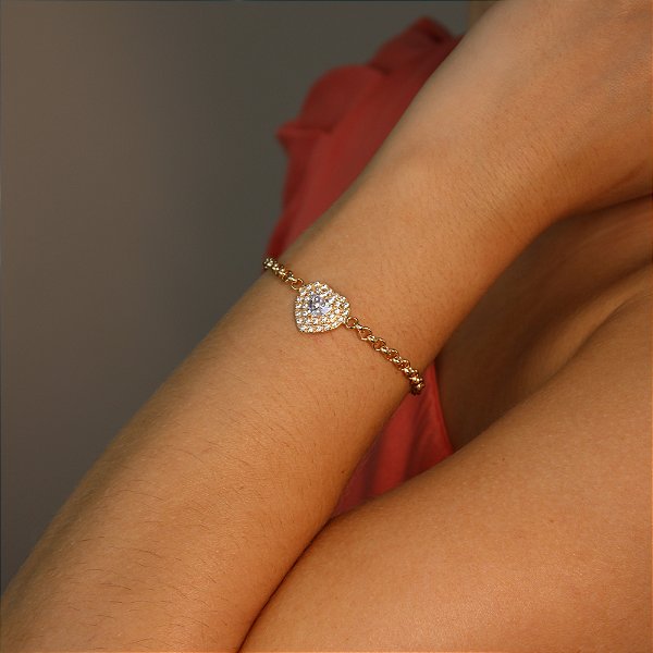 Pulseira de Coração Cravejado em Zircônia Banhado a Ouro 18k