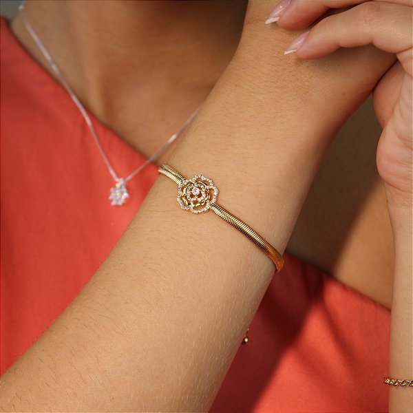 Pulseira com Pingente de Flor em Zircônia Banhado a Ouro 18k