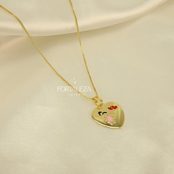 Gargantilha Coração e Menina Banhado a Ouro 18k