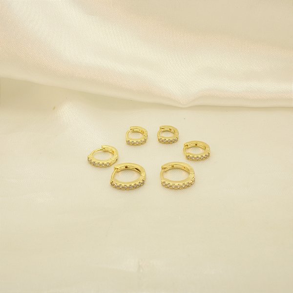 Brinco Argola em Trio Cravejado e Banhado a Ouro 18k