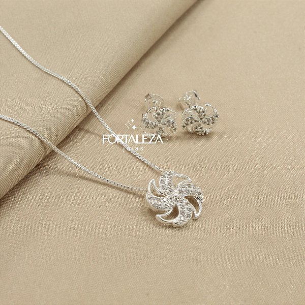 Conjunto Cata-vento Cravejado em Zircônia e Banhado a Prata