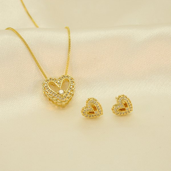 Conjunto Coração Trabalhado e Cravejado Banhado a Ouro 18k
