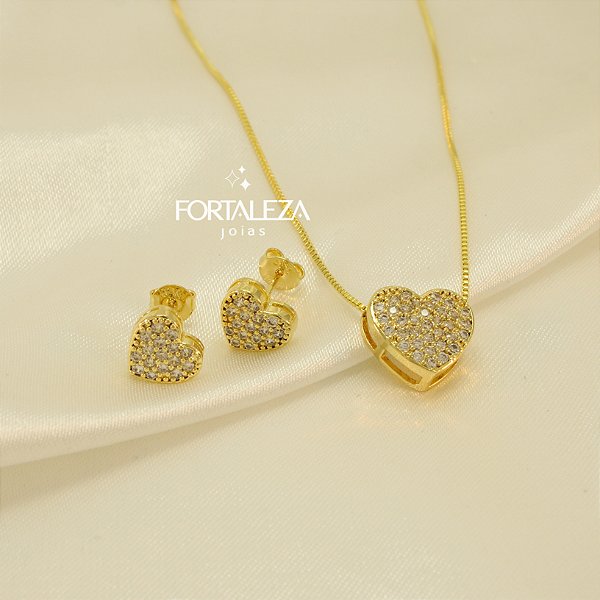 Conjunto Coração Cravejado em Zircônia e Banhado a Ouro 18k