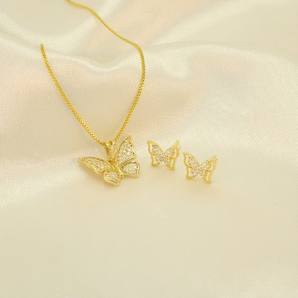 Conjunto Borboleta Cravejado em Zircônia Banhado a Ouro 18k