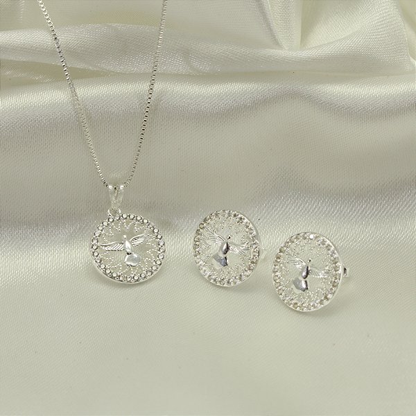Conjunto Divino Espírito Santo com Zircônia Banhado a Prata