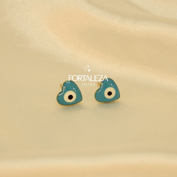 Brinco de Coração Olho Grego Resinado e Banhado a Ouro 18k