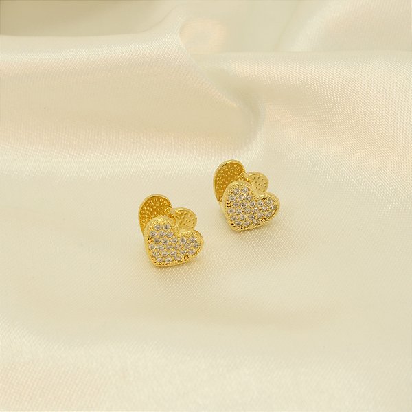 Brinco Argola Coração Duplo com Zircônia Banhado a Ouro 18k