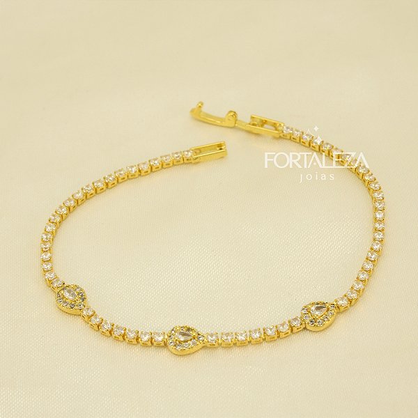 Pulseira Cravejada com Detalhe de Gotas Banhado a Ouro 18k