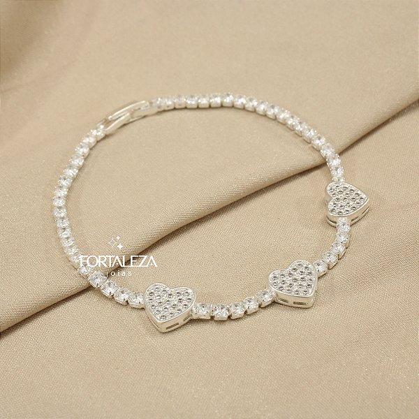 Pulseira com Corações Cravejados Banhado a Prata 925