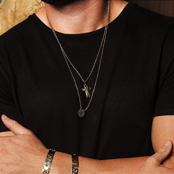 Corrente com Pingente de Cruz e Jesus Cristo em Aço Inox