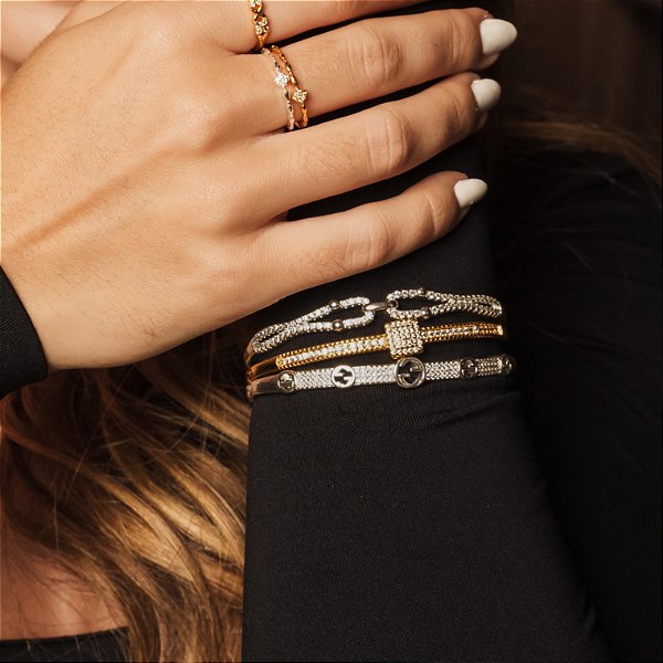 Bracelete com Detalhe Quadrado Cravejado Banhado a Ouro 18k