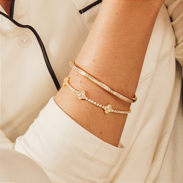 Bracelete Cravejado em Zircônia Cristal Banhado a Ouro 18k