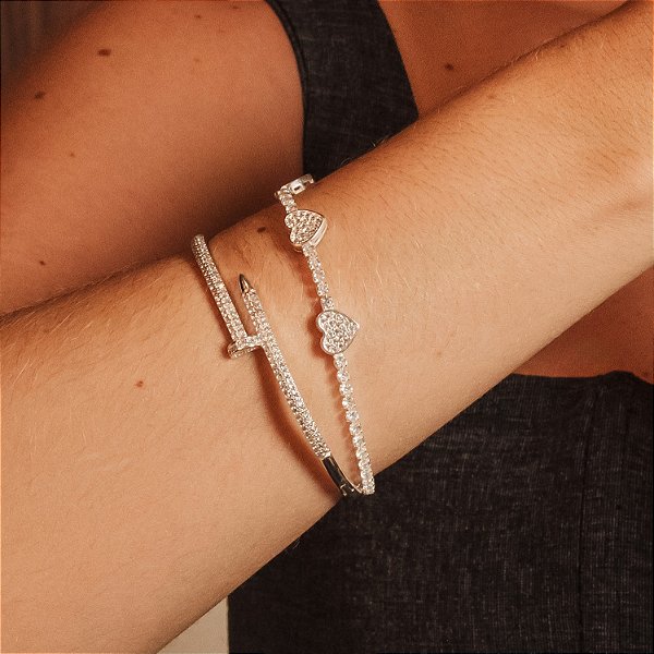 Bracelete com Design de Prego Cravejado Banhado a Prata 925