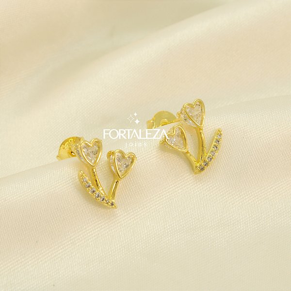 Brinco Corações com Zircônia Cristal Banhado a Ouro 18k