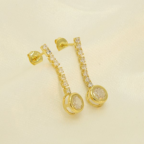 Brinco com Fio em Zircônias Cristal Banhado a Ouro 18k