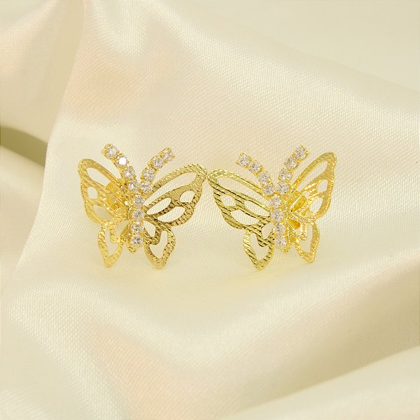 Brinco de Borboleta Vazada com Zircônia Banhado a Ouro 18k