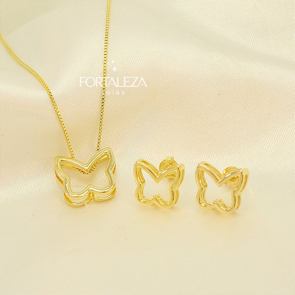 Conjunto de Borboleta Vazada Banhado a Ouro 18k