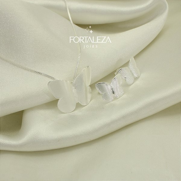 Conjunto de Borboleta com Acabamento Fosco Banhado a Prata