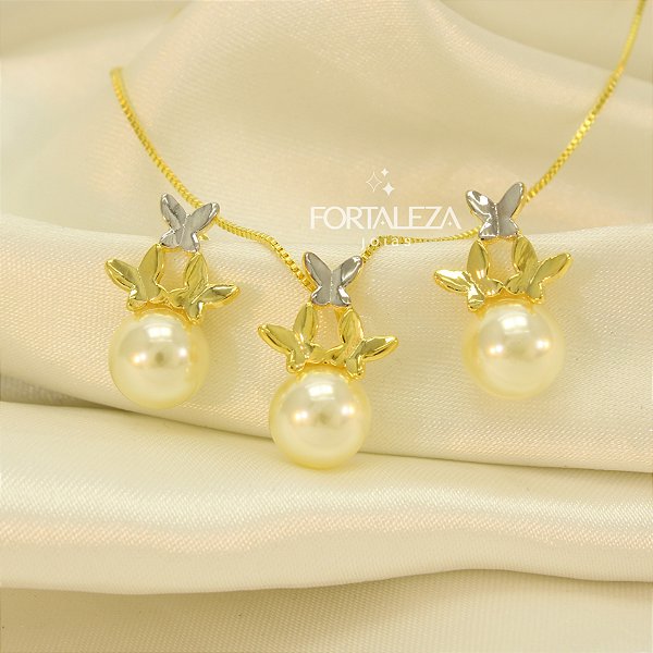 Conjunto de Pérola com Borboletas Banhado a Ouro 18k e Ródio
