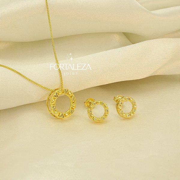 Conjunto Redondo com Design de Coração Banhado a Ouro 18k