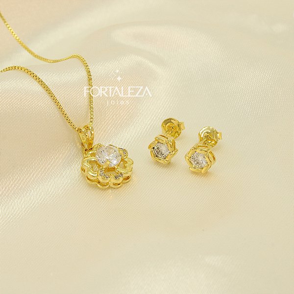 Conjunto de Flor com Zircônia Cristal Banhado a Ouro 18k