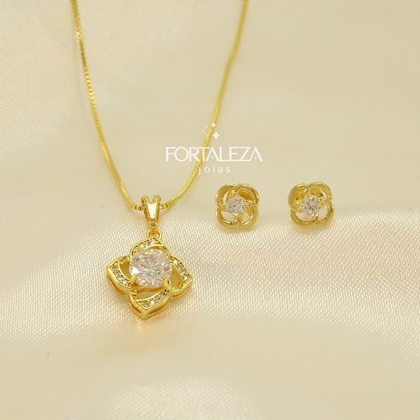 Conjunto de Flor com Zircônia Cristal Banhado a Ouro 18k
