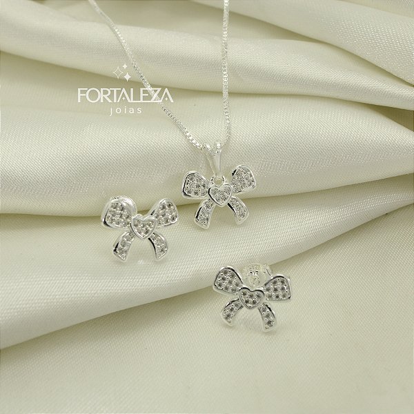 Conjunto de Laço Cravejado em Zircônia Banhado a Prata