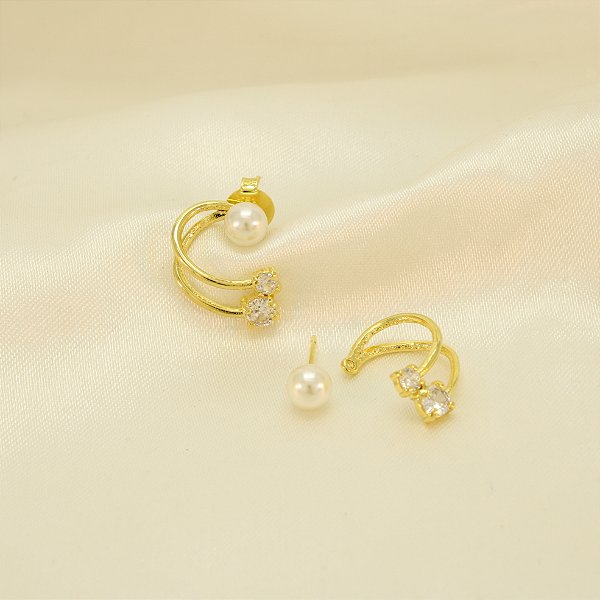 Brinco Dois em Um de Pérola e Zircônia Banhado a Ouro 18k