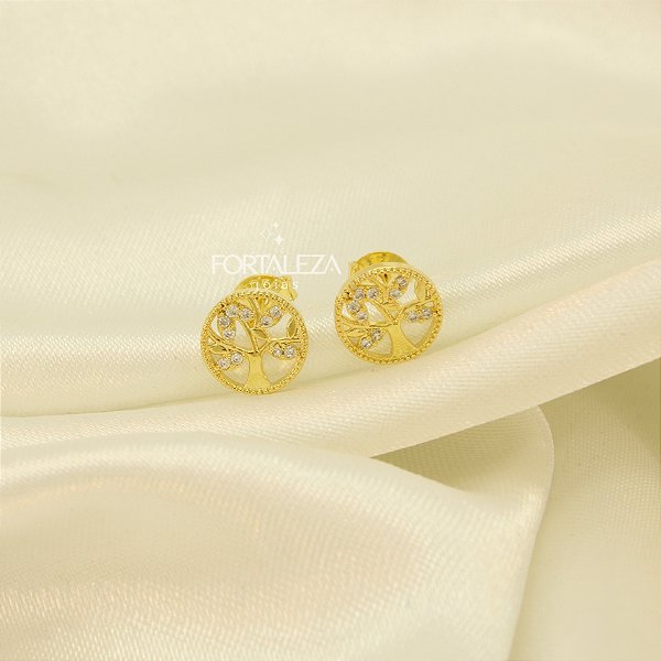 Brinco Árvore da Vida com Zircônia Banhado a Ouro 18k