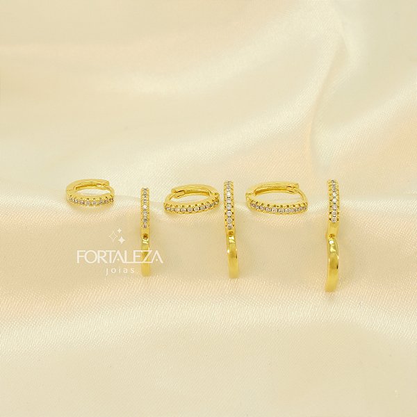 Brinco Argola em Trio Cravejado Banhado a Ouro 18k