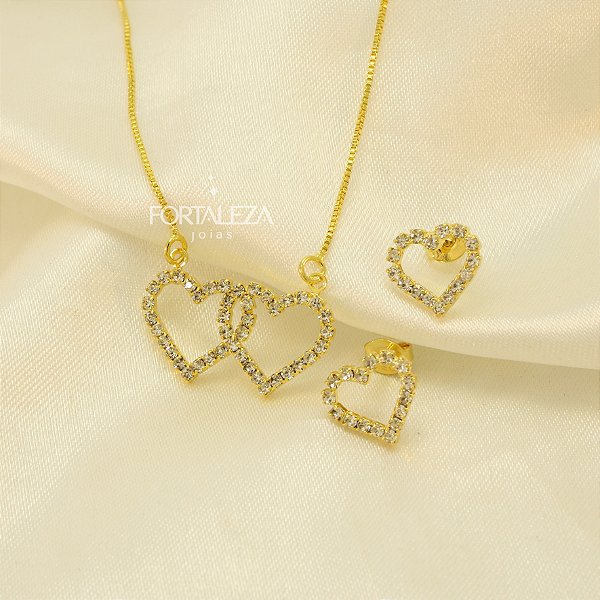 Conjunto de Corações Cravejados Banhado a Ouro 18k